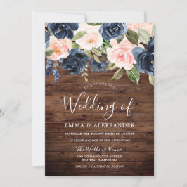 Navy & Blush Flowers Rustic Country Wedding Kaart