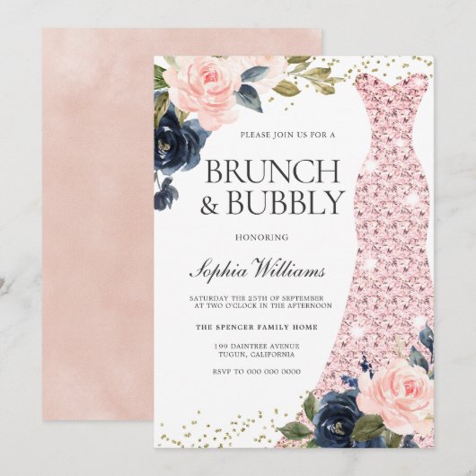 Navy & Blush Flowers Vrijgezellenfeest Brunch & Bu Kaart (Voorkant / Achterkant)