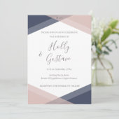 Navy Blush Geometric Monogram Modern Chic Wedding Kaart (Staand voorkant)