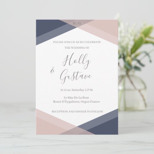 Navy Blush Geometric Monogram Modern Chic Wedding Kaart (Staand voorkant)
