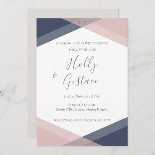 Navy Blush Geometric Monogram Modern Chic Wedding Kaart (Voorkant / Achterkant)