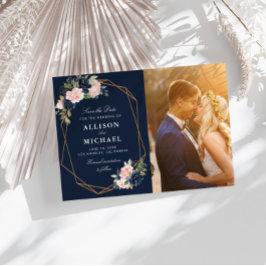 Navy & Blush geometrisch Sla de datum fotokaart op Save The Date