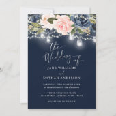 Navy Blush Gold Bloemen Rustiek Hout Huwelijksuitn Kaart (Voorkant)