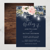 Navy Blush Gold Bloemen Rustiek Hout Huwelijksuitn Kaart (Voorkant / Achterkant)