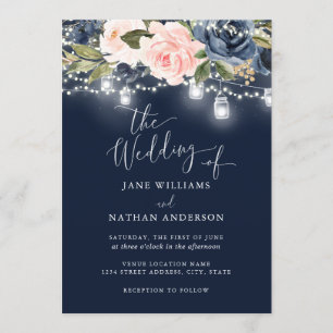 Navy Blush Gold Bloemen Rustiek Hout Huwelijksuitn Kaart
