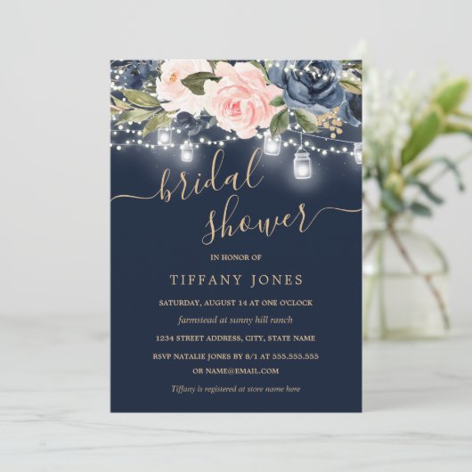 Navy Blush Gold Bloemen Rustiek Hout Vrijgezellenf Kaart (Staand voorkant)