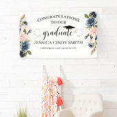 Navy Blush Gold Floral Afstuderen Graduparty Spandoek (Insitu)