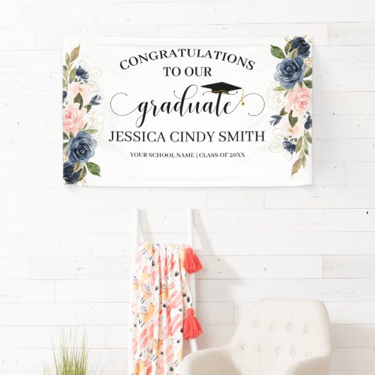 Navy Blush Gold Floral Afstuderen Graduparty Spandoek (Insitu)