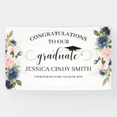Navy Blush Gold Floral Afstuderen Graduparty Spandoek (Horizontaal)