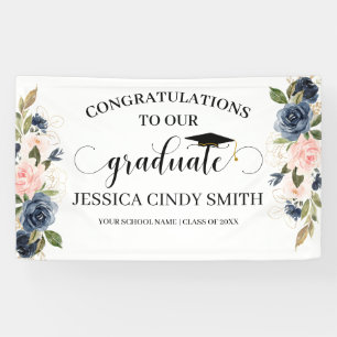 Navy Blush Gold Floral Afstuderen Graduparty Spandoek