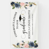 Navy Blush Gold Floral Afstuderen Graduparty Spandoek (Verticaal)