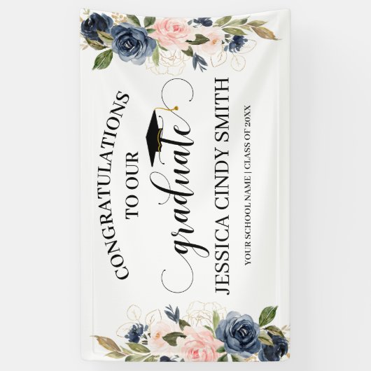 Navy Blush Gold Floral Afstuderen Graduparty Spandoek (Verticaal)