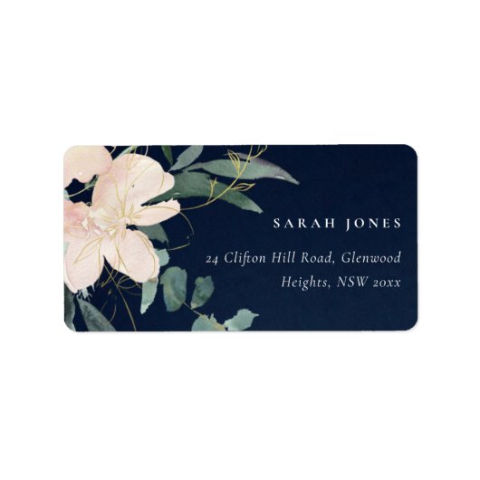 NAVY BLUSH GOLD FLORAL BUNCH WATERVERF ADRES ETIKET (Voorkant)