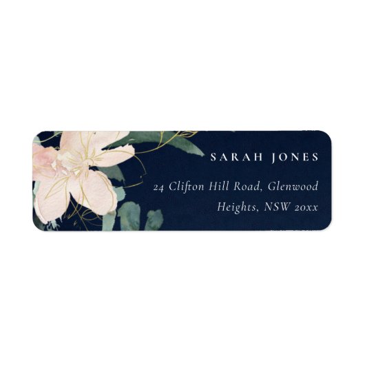 NAVY BLUSH GOLD FLORAL BUNCH WATERVERF ADRES ETIKET (Voorkant)