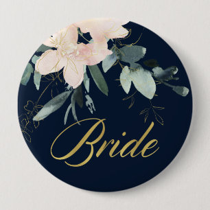 NAVY BLUSH GOLD FLORAL BUNCH WATERVERF BRIDE RONDE BUTTON 4,0 CM