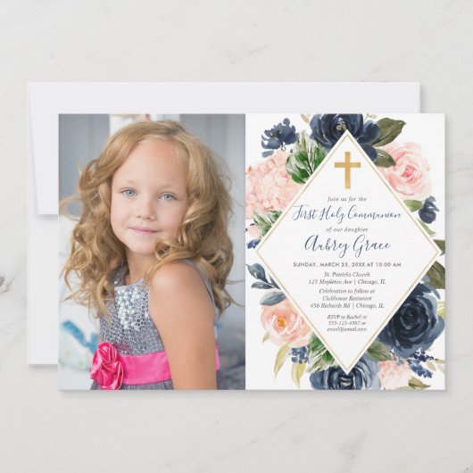 Navy blush gold floral First Holy Communion photo Kaart (Voorkant)