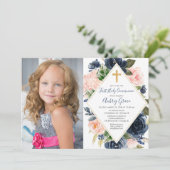 Navy blush gold floral First Holy Communion photo Kaart (Staand voorkant)