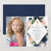 Navy blush gold floral First Holy Communion photo Kaart (Voorkant / Achterkant)