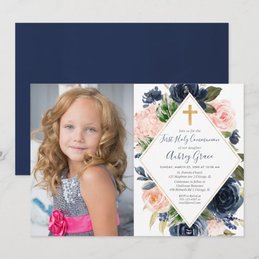 Navy blush gold floral First Holy Communion photo Kaart (Voorkant / Achterkant)