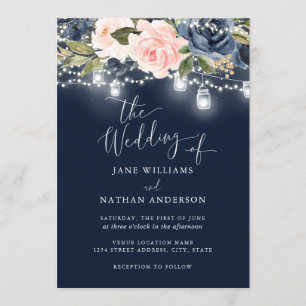 Navy Blush Gold Floral Rustic Wood Wedding Invite Kaart