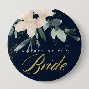 NAVY BLUSH GOLD FLORAL WATERVERF MOEDER VAN BRIDE RONDE BUTTON 4,0 CM