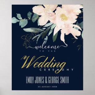 NAVY BLUSH GOLD FLORAL WATERVERF WEDDING WELKOM POSTER