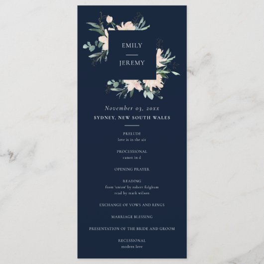 NAVY BLUSH GOLD FLORAL WEDDING CEREMONY PROGRAMMA (Voorkant)