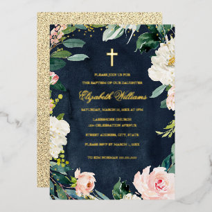 Navy Blush Gold Floral Wreath Cross Girl Baptisme Folie Uitnodiging