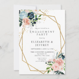 Navy Blush Gold Geometric Floral Engagement Party Kaart