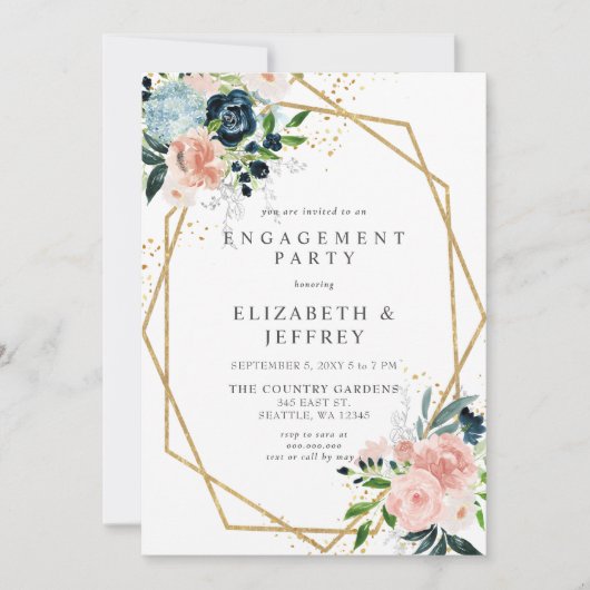 Navy Blush Gold Geometric Floral Engagement Party Kaart (Voorkant)