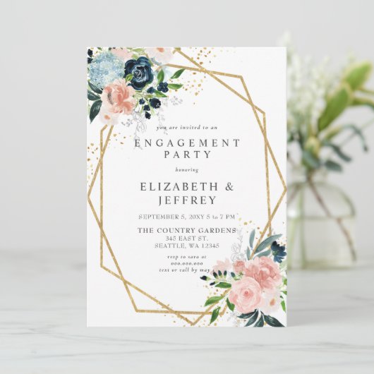 Navy Blush Gold Geometric Floral Engagement Party Kaart (Staand voorkant)