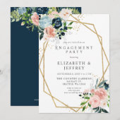 Navy Blush Gold Geometric Floral Engagement Party Kaart (Voorkant / Achterkant)