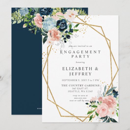 Navy Blush Gold Geometric Floral Engagement Party Kaart (Voorkant / Achterkant)