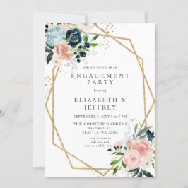 Navy Blush Gold Geometric Floral Engagement Party Kaart