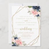 Navy Blush Gold Geometric Front & Back Wedding Kaart (Voorkant)