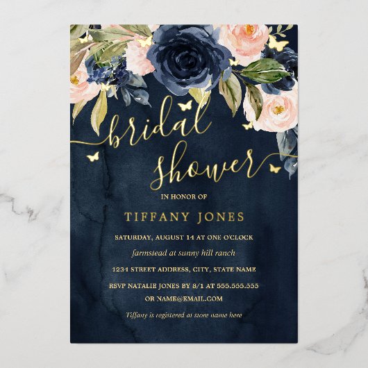 Navy Blush Gold Vlinder Vrijgezellenfeest Folie Uitnodiging (Voorkant)