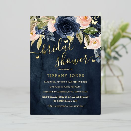 Navy Blush Gold Vlinder Vrijgezellenfeest Folie Uitnodiging (Staand Voorkant)