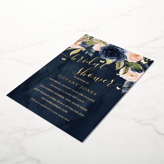 Navy Blush Gold Vlinder Vrijgezellenfeest Folie Uitnodiging (Gedraaid)