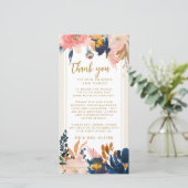 Navy Blush Gold Wedding Reception Table Bedankt (Staand voorkant)