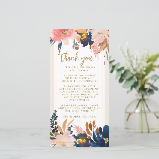 Navy Blush Gold Wedding Reception Table Bedankt (Staand voorkant)