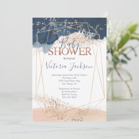 Navy Blush Goud Baby shower Kaart (Staand voorkant)