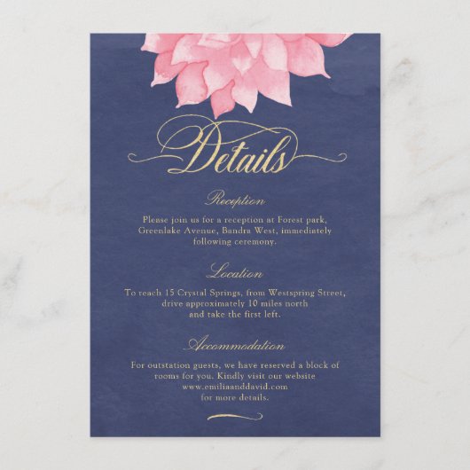 Navy Blush Goud Bloemen Dahlia Bruiloft Details Ka Informatiekaartje (Voorkant)