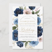 Navy Blush Gouden Bloemen Botanische Blauwe Huweli Kaart (Voorkant)