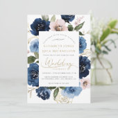 Navy Blush Gouden Bloemen Botanische Blauwe Huweli Kaart (Staand voorkant)