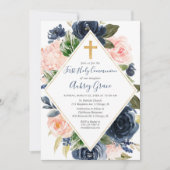 Navy blush gouden bloemen Eerste Heilige Communie Kaart (Voorkant)