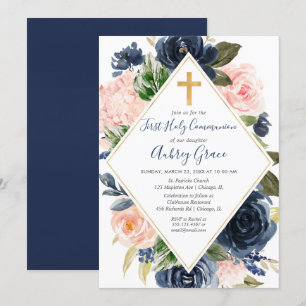 Navy blush gouden bloemen Eerste Heilige Communie Kaart