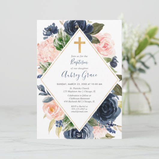 Navy blush gouden bloemendoop kaart (Staand voorkant)