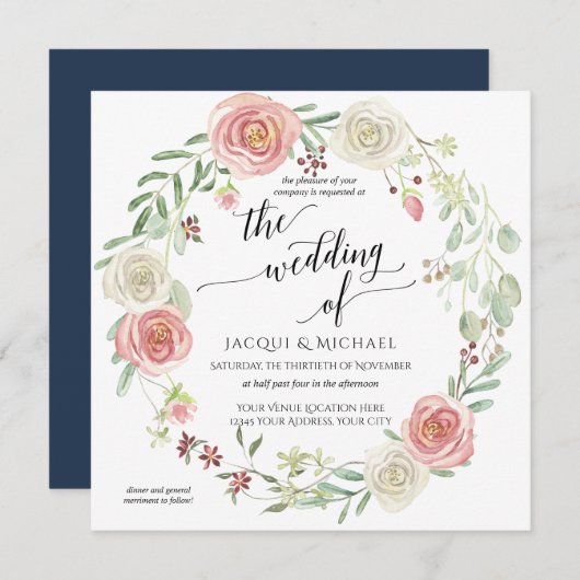 Navy Blush Ivoor Roos Foliage Wedding Waterverf Kaart (Voorkant / Achterkant)