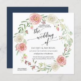 Navy Blush Ivoor Roos Foliage Wedding Waterverf Kaart
