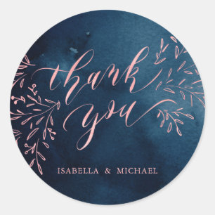 Navy blush kalligrafie dank u rustieke bloemen ronde sticker